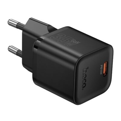 Juodas įkroviklis Hoco N66 35W GaN USB-C su matomu USB-C lizdu ir Europos kištuku