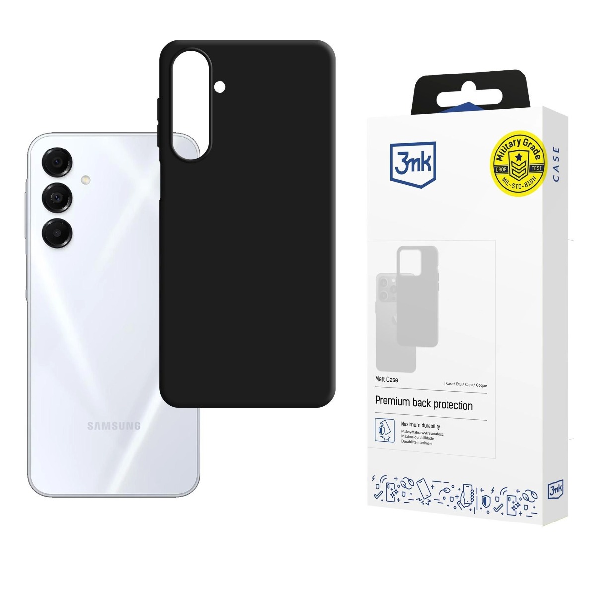 Juodas matinis dėklas Samsung Galaxy A175 A17 4G 3MK Matt Juodas matinis dėklas Samsung Galaxy A175 A17 4G 3MK Matt šalia balto telefono ir dėžutės