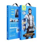 Juodas privatumo apsauginis stikliukas 5D Mr. Monkey Glass Apple Iphone 16 Pro Max dėžutėje su mėlynu dizainu ir Mr. Gorilla personažu