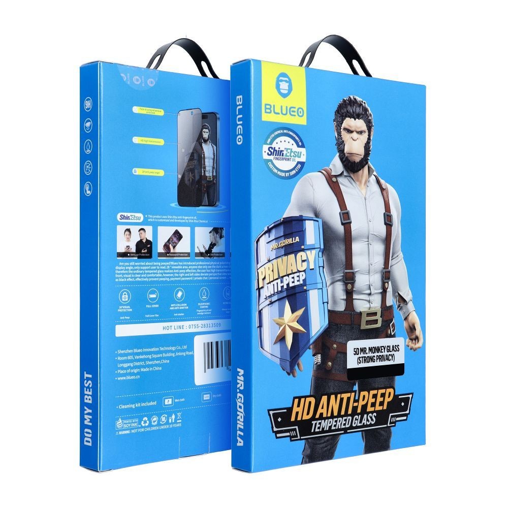 Juodas privatumo apsauginis stikliukas 5D Mr. Monkey Glass Juodas privatumo apsauginis stikliukas 5D Mr. Monkey Glass Apple Iphone 12 Pro Max telefonui mėlyname pakete