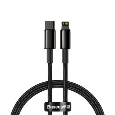 Juodas USB kabelis Baseus Tungsten PD20W USB-C į Lightning su pintu užvalkalu