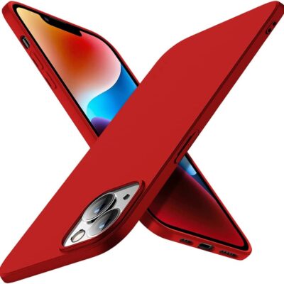 Raudonas dėklas Apple iPhone 14 X-level Guardian matomas su išlenktais kampais ir skylių išpjovomis kameroms ir mygtukams