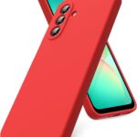 Raudonas dėklas Samsung A366 A36 5G Mercury Silicone su fotoaparato ir telefono ekrano matomu vaizdu