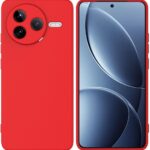 Raudonas dėklas Xiaomi Poco F7 Pro Liquid Silicone 1.5mm, matomas telefono priekis ir nugarėlė su objektyvų išpjova