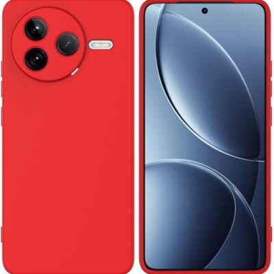 Raudonas dėklas Xiaomi Poco F7 Pro Liquid Silicone 1.5mm, matomas telefono priekis ir nugarėlė su objektyvų išpjova