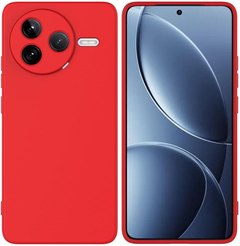 Raudonas dėklas Xiaomi Poco F7 Pro Liquid Silicone 1.5mm Raudonas dėklas Xiaomi Poco F7 Pro Liquid Silicone 1.5mm, matomas telefono priekis ir nugarėlė su objektyvų išpjova