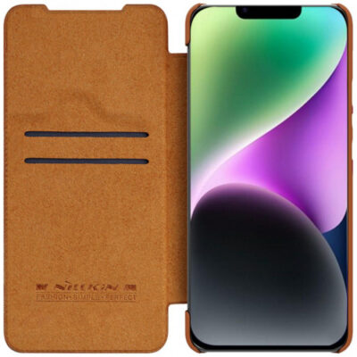 Rudas atverčiamas dėklas Apple Iphone 14 Plus Nillkin Qin Book Leather su dviem kortelių laikikliais