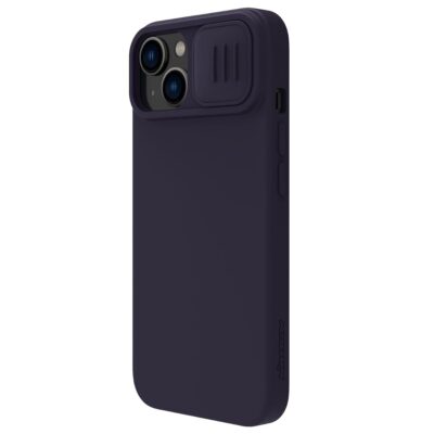 Tamsiai violetinis dėklas Nillkin CamShield Silky Magnetic Silicone telefonui Apple iPhone 14 Plus su objektyvo dangteliu