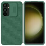Žalias dėklas Samsung Galaxy S711 S23 FE su apsauginiu kameros dangteliu ir dryžuota tekstūra