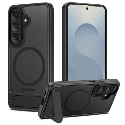 Juodas matinis dėklas Samsung Galaxy S26 Plus su apvaliu įspaudu ant nugaros ir trijų kamerų modulių išpjova.