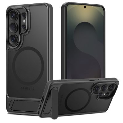 Juodas matinis dėklas Samsung Galaxy S26 Ultra su MagSafe magnetiniu žiedu, matomas kamerų modulis