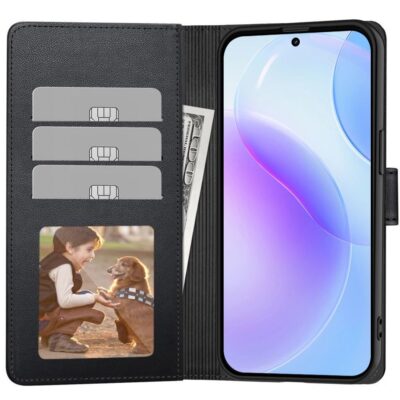 Juodas atverciamas deklas Samsung Galaxy A36 / A56 / A37 5G Tech-Protect Wallet atidarytas, matomos korteliu kišenės ir nuotrauku langelis
