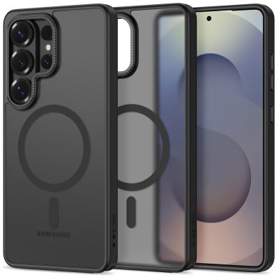Juodas matinis dėklas Samsung Galaxy S26 Ultra Tech-Protect Magcam Magsafe, matomas žiedinis dizainas