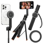 Juoda SPIGEN S581W MAGSAFE BLUETOOTH SELFIE STICK TRIPOD lazda su magnetiniu laikikliu ir pritvirtintu telefonu