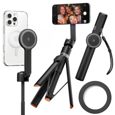 Juoda SPIGEN S581W MAGSAFE BLUETOOTH SELFIE STICK TRIPOD lazda su magnetiniu laikikliu ir pritvirtintu telefonu
