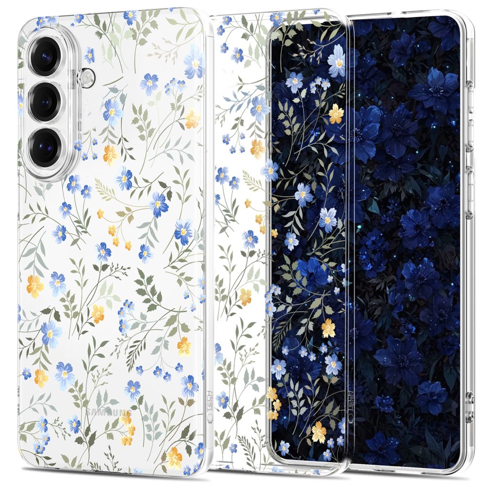 Skaidrus gėlių dėklas Samsung Galaxy S26 Tech-Protect FlexAir Skaidrus gėlių dėklas Samsung Galaxy S26 Tech-Protect FlexAir su mėlynais ir geltonais žiedais.