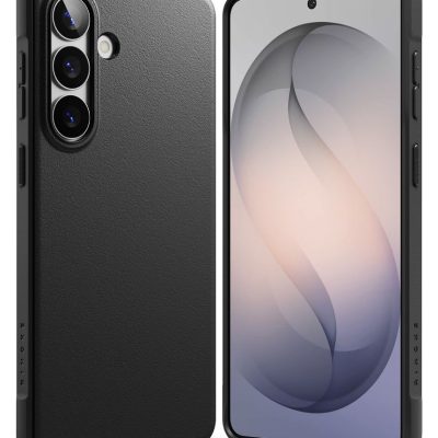 Juodas dėklas Samsung Galaxy S26 Plus Ringke Onyx matomas iš priekio ir galo