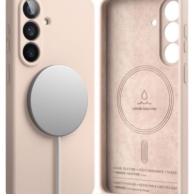 Rausvas silikoninis dėklas Samsung Galaxy S26 Plus su MagSafe palaikymu, matomas iš priekinės ir galinės pusės