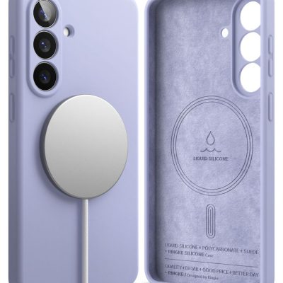 Levandų spalvos silikoninis Samsung Galaxy S26 Plus dėklas su magnetiniu Magsafe žiedu