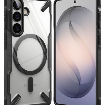 Juodas dėklas Samsung Galaxy S26 Ringke Fusion X Magnetic Magsafe su skaidriu galiniu paviršiumi ir juodais kraštais