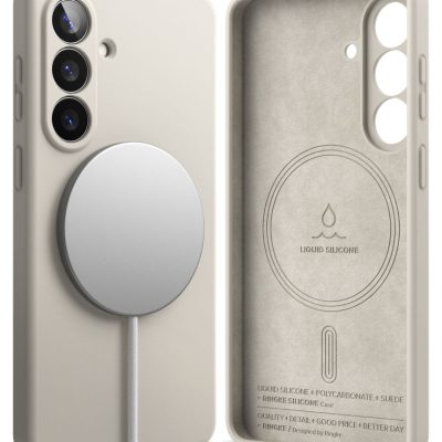 Akmens spalvos Samsung Galaxy S26 dėklas su Magsafe funkcija, matomas silikoninis paviršius ir magnetinis žiedas