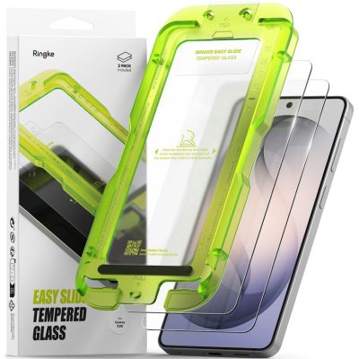 Apsauginis ekrano stikliukas Samsung Galaxy S26 Ringke Easy Slide 2-Pack, matomos dvi stikliuko plokštelės ir žalias montavimo rėmas