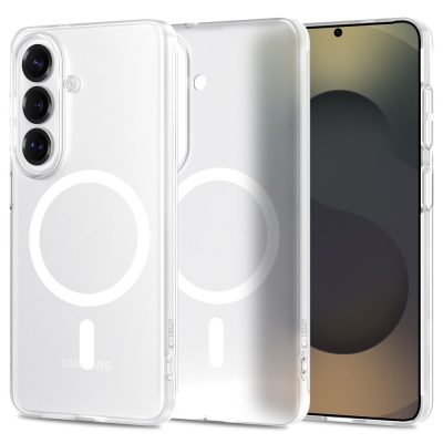 Matinis baltas dėklas Samsung Galaxy S26 su permatomu paviršiumi ir apskritimu gale