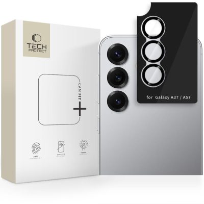 Juodas stiklas galiniai kamerai Samsung Galaxy A37 / A57 5G Tech-Protect Camring Fit+ su įpakavimu ir telefonu