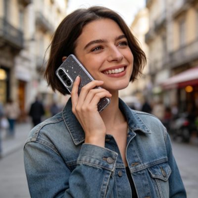 Moteris laiko telefoną su skaidriu blizgančiu dėklu Samsung Galaxy A36 / A37 5G Tech-Protect FlexAir gatvėje