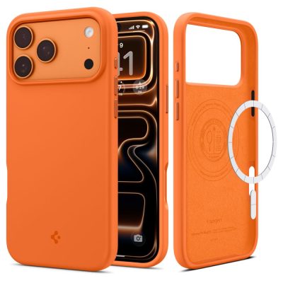 Oranzinis Spigen Silicone Fit Magsafe deklas Apple iPhone 17 Pro Max, matomas kameros blokas