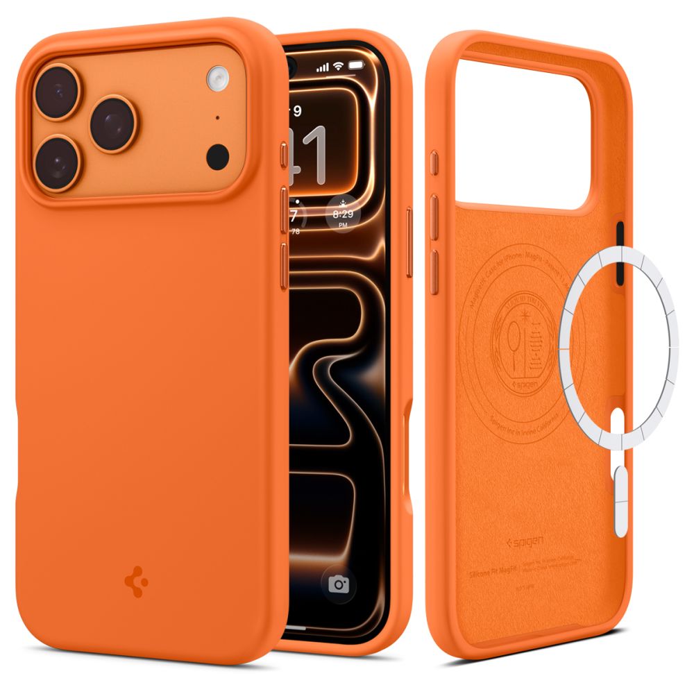 Oranzinis deklas Apple iPhone 17 Pro Max Spigen Silicone Fit Magsafe Oranzinis Spigen Silicone Fit Magsafe deklas Apple iPhone 17 Pro Max, matomas kameros blokas