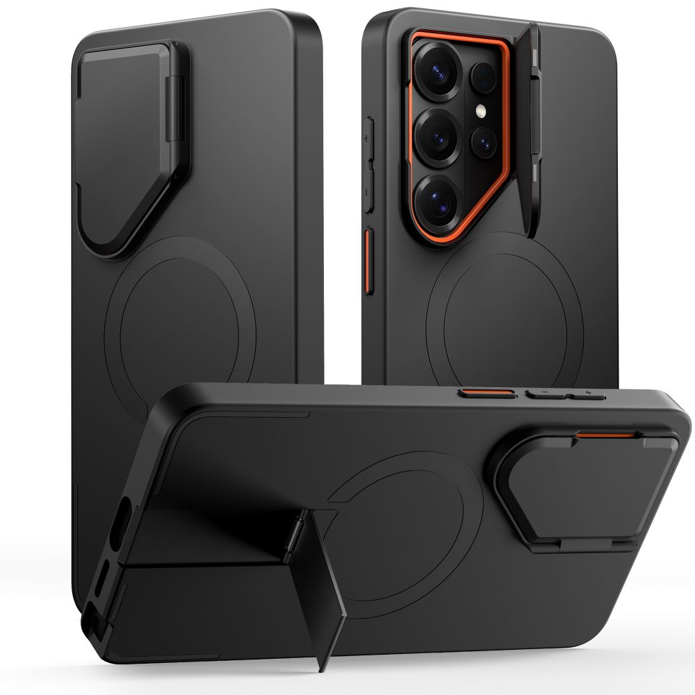 Juodos-oranzinis-deklas-Samsung-Galaxy-S26-Ultra-Tech-Protect-Kevlar-Aura-Magsafe Juodas deklas Samsung Galaxy S26 Ultra su oranziniu kameros reimu, matoma istraukima laikiklio koja ir magnetinis MagSafe ziedas