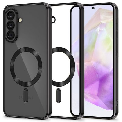 Juodas dėklas Samsung Galaxy A37 5G su magnetiniu žiedu ant nugaros ir trijų kamerų moduliu