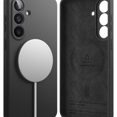 Juodas deklas Samsung Galaxy S26 Plus su apvaliu magnetiniu disku ir kabeliu matomas kameros modulis