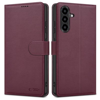 Bordo spalvos atverciamas deklas Samsung Galaxy A36 / A56 / A37 5G Tech-Protect Wallet su uzsegimo juoste ir teksturuotu odos paviriumi
