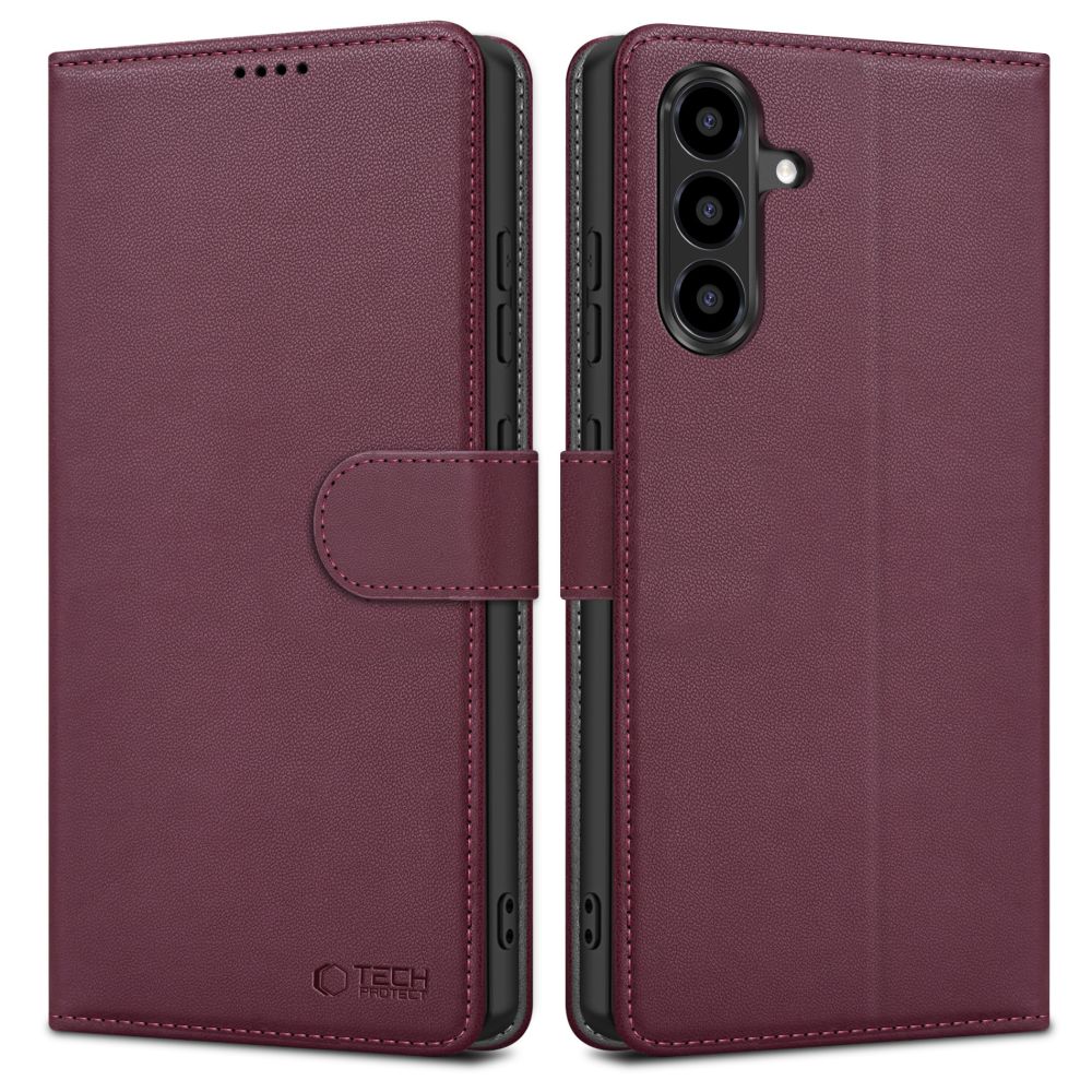 Bordo atverčiamas dėklas Samsung Galaxy A36 / A56 / A37 5G Tech-Protect Wallet Bordo spalvos atverciamas deklas Samsung Galaxy A36 / A56 / A37 5G Tech-Protect Wallet su uzsegimo juoste ir teksturuotu odos paviriumi