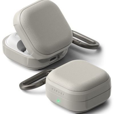 Pilkas deklas Samsung Galaxy Buds 4/4 Pro su Ringke Onyx Magnetic MagSafe, matomas kilpinis karabinas.