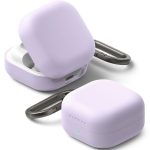 Purpurinis Ringke Silicone dėklas Samsung Galaxy Buds 4/4 Pro, matomas atidarytas dėklas su karabineriu