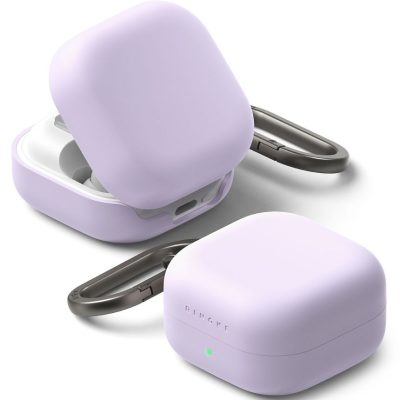 Purpurinis Ringke Silicone dėklas Samsung Galaxy Buds 4/4 Pro, matomas atidarytas dėklas su karabineriu
