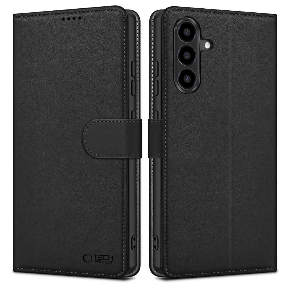 Juodas atverciamas deklas Samsung Galaxy A36 A56 A37 5G Tech-Protect Wallet Juodas atverciamas dėklas Tech-Protect Wallet su magnetiniu užsegimu, matomas logotipas Tech-Protect ir kamerų iškirptė galinėje dalyje