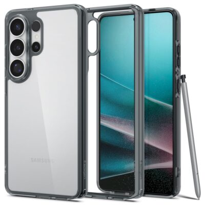 Skaidrus Space crystal deklas Samsung Galaxy S26 Ultra su tamsiu remu, matomi triju kameru moduli ir salia esantis rasiklis