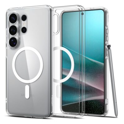 Skaidrus baltas dėklas Samsung Galaxy S26 Ultra Spigen Ultra Hybrid Mag Magsafe, matomas baltas apskritas žiedas ant nugaros