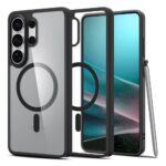 Juodas matinis dėklas Samsung Galaxy S26 Ultra su MagSafe magnetiniu žiedu, matomas kameros modulis ir skaidri nugaros dalis.