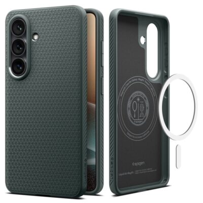 Žalias dėklas Samsung Galaxy S26 Plus Spigen Liquid Air Mag Magsafe su geometrine trikampiu tekstūra ir trijų kamerų moduliu