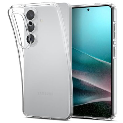 Skaidrus dėklas Samsung S26 Plus Spigen Liquid Crystal – aiškiai matomas telefono galas su trimis kamerų objektyvais.