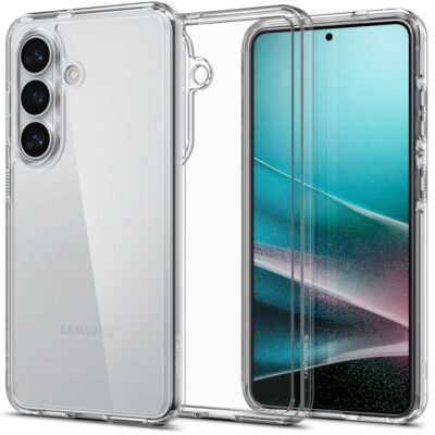 Skaidrus dėklas Samsung Galaxy S26 Spigen Ultra Hybrid uždengia telefoną, matoma trijų kamerų sistema
