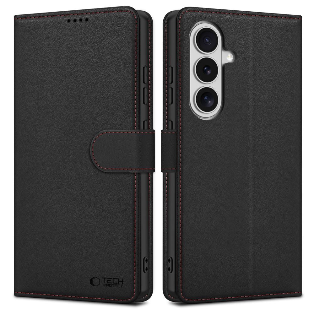 Juodas-raudonas dėklas Samsung Galaxy S26 Tech-Protect Wallet Juodas-raudonas atverčiamas dėklas Samsung Galaxy S26 Tech-Protect Wallet su matoma raudona siūle