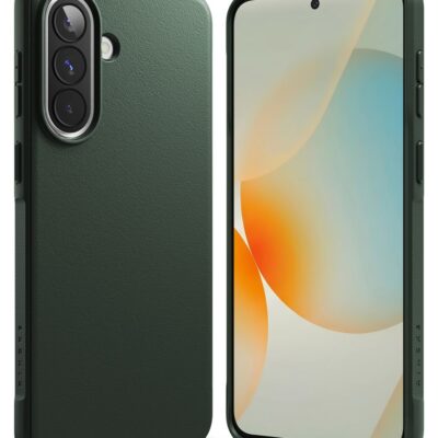 Žalias dėklas Samsung Galaxy A57 5G Ringke Onyx, matomas iš šono ir nugaros.