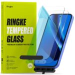 RINGKE TEMPERED GLASS pakuotė šviesiai geltona su skaidriais ekrano apsaugos stiklais ir telefonu šalia