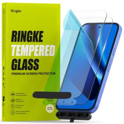 RINGKE TEMPERED GLASS pakuotė šviesiai geltona su skaidriais ekrano apsaugos stiklais ir telefonu šalia